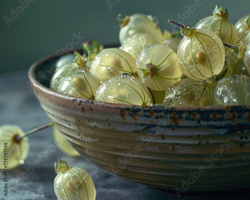 A detailed shot of gooseberries in a bowl