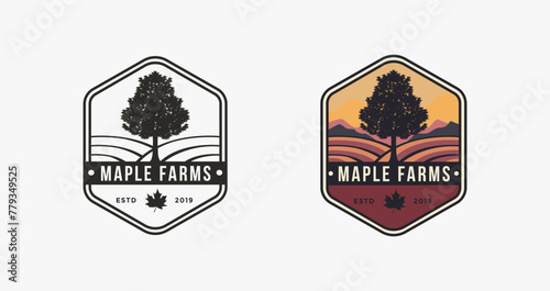 vintage hipster emblem maple tree and farms logo icon vector template on white background