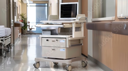 a hospital cart with a monitor and laptop  in the style of dynamic energy flow  dark beige and silver  