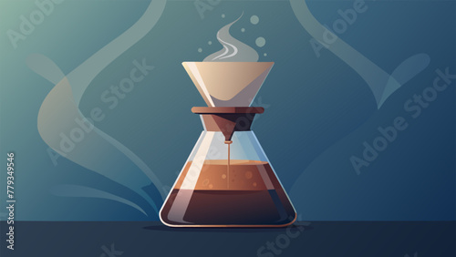 A closeup of a Chemex brew with delicate swirls of steam rising from the rich dark liquid as it drips into the glass carafe below.