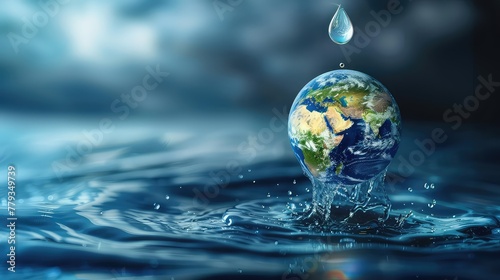 World water day graphic design generative ai background with copy space. Concept of eco life or save the world, blue world icon on blue water photo