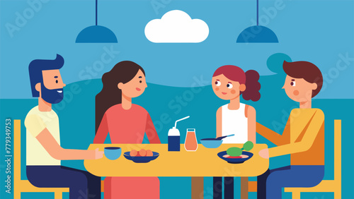 A family sitting around a dinner table discussing their vacation destination. The mother suggests they go to a location they have visited