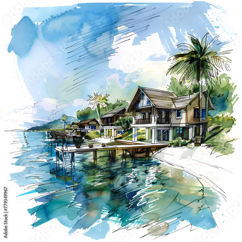 Stilt Houses Over Water, Tropical Watercolor Illustration, Serene Oceanfront Living photo