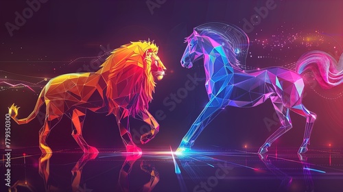 Electric Roar: Lion vs. Horse in a Neon Tech Jungle. © Alex