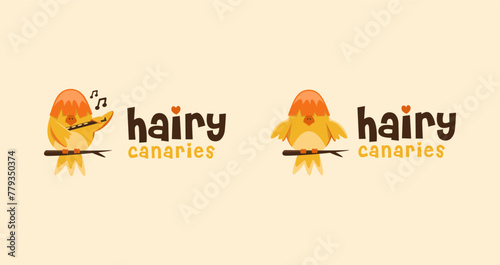 Fun and playful happy canary playing flute cartoon logo icon vector template on light background