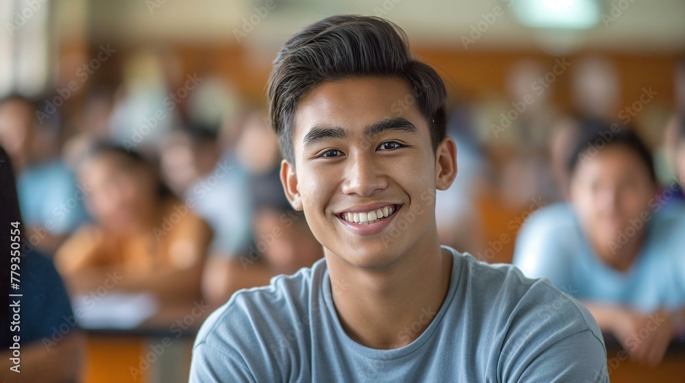 Handsome young filipino male student smiling and looking at the camera in a high school classroom with blurred students in the background. Handsome young filipino male student smiling and looking at the camera in a high school classroom with blurred students in the background.
