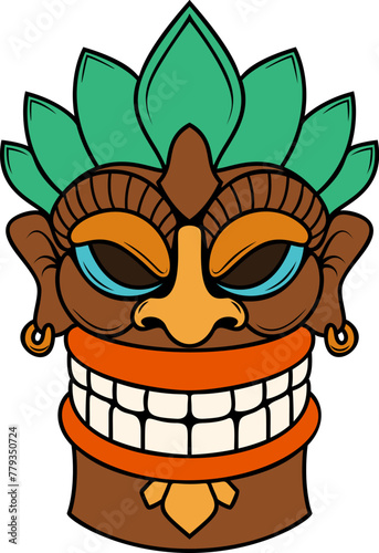 Tiki tribal wooden mask. Hawaiian traditional elements. Colored, wooden and black and white silhouette. Vector illustration