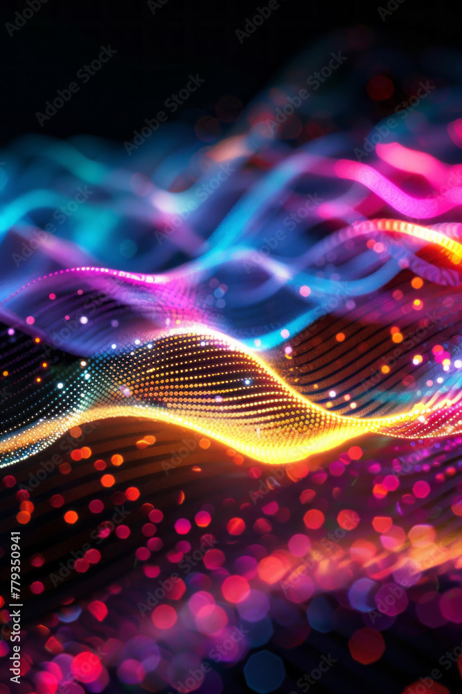 Colorful glowing wavy lines are rendered on a black background. Colorful glowing wavy lines are rendered on a black background.