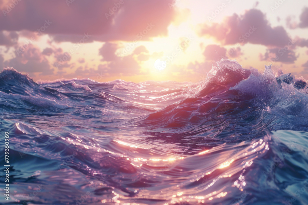 A low-angle view captures a wave in the ocean under a pink sunset sky.