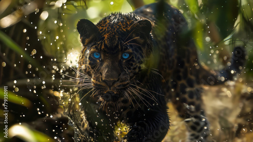 A black leopard runs through the jungle  splashing water with its full body against green plants in the background  causing water droplets to fly everywhere.