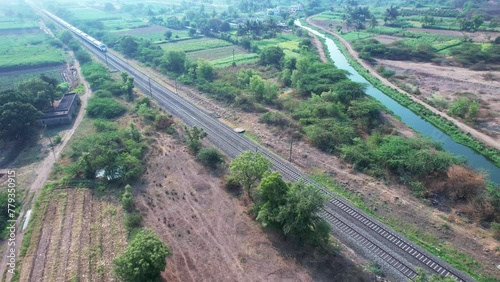 Aerial view of the Solapur Mumbai Vande Bharat Express Train heading towards Mumbai, near Pune India.