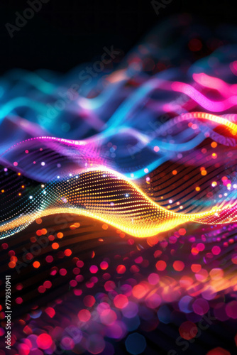 Colorful glowing wavy lines are rendered on a black background.