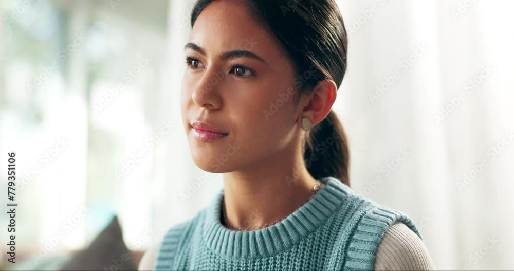Woman, thinking and dream with ideas for mindfulness at home, future or memory for solution or problem solving. Inspiration, reflection and insight, hope or vision with wellness for decision