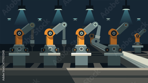 A group of metallic robotic arms creating a row of perfectly aligned products on a conveyor belt amidst a dimly lit workshop with various