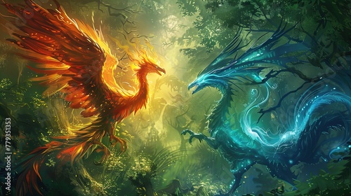 Dive into a fantasy realm with this vibrant clash of fire and ice phoenixes!