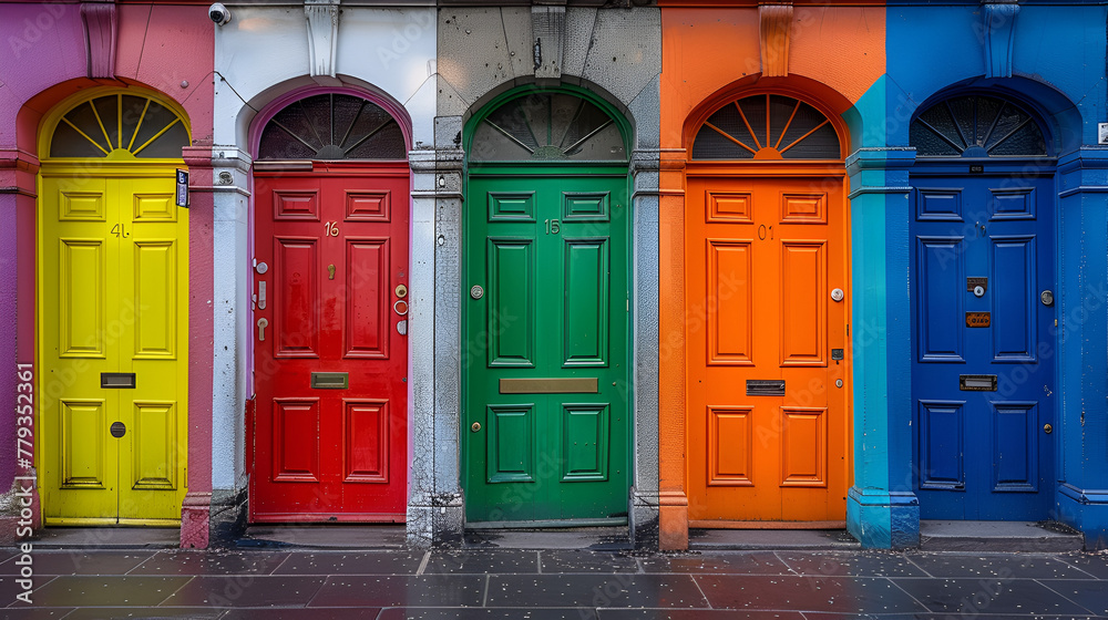 Obraz premium Panoramic rainbow colors collection of typical irish georgian doors of Dublin. generative ai 
