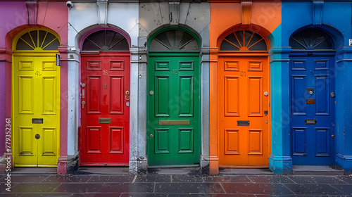 Panoramic rainbow colors collection of typical irish georgian doors of Dublin. generative ai 