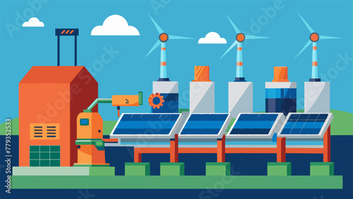 A closeup of a production line reveals the use of renewable energy sources such as solar panels and wind turbines to power the machines.