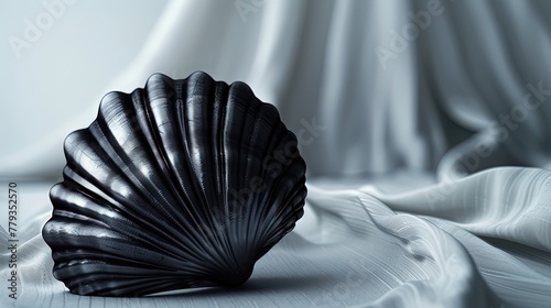 a rounded seashell made of black silk in a minimalistic surreal ambience 