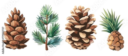 Set of pine cones with leaves on a white background, showcasing natural materials from terrestrial plants like larch and shortstraw pine. Evergreen trees add a touch of greenery to any space
