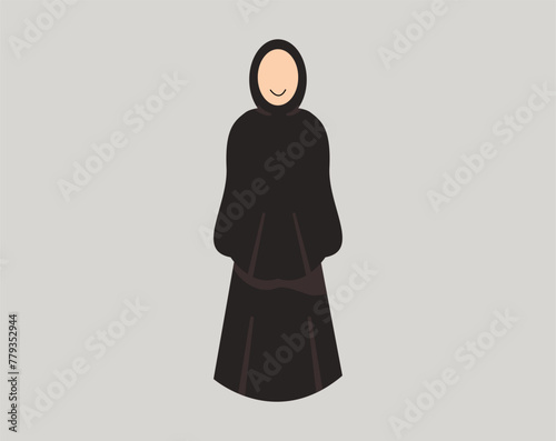 Pilgrim hajj Muslim woman vector. Illustration of a Woman in a modest black dress or abaya.
