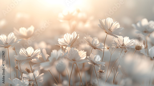 Field of flowers drawn with only light  ethereal  magical lighting  on a pale background.
