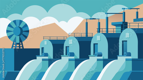 An impressive array of hydroelectric turbines installed along the side of a factory building. The force of flowing water is harnessed to produce