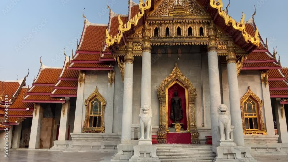 White marble Wat Benchamabophit temple in Bangkok at sunset White marble Wat Benchamabophit temple in Bangkok at sunset