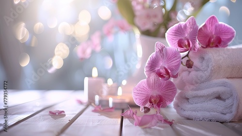 blurred and bokeh background with Towels , Candles, Orchid, Spa setting and white wooden table flooring 