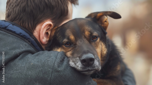 A man holds a dog in his arms. The dog is sad.