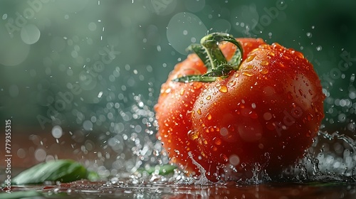 tomate cortado a la mitad aislado en fondo verde, tomate maduro fresco en el aire flotando photo