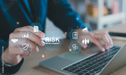 Risk manage, Business risk assessment. Businessman assess investment, Safety control risk. Reduce opportunity for financial investment, projects, manage business. Manage low level strategy.