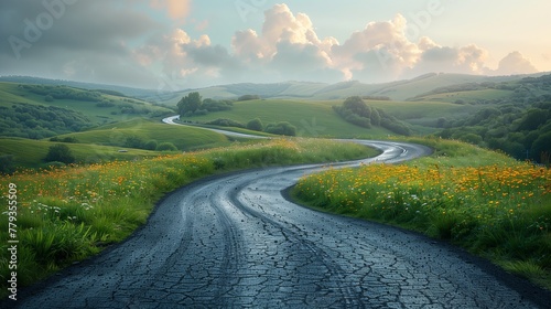 A winding road disappearing into the distance, country side road traveling by car , greeny road background 