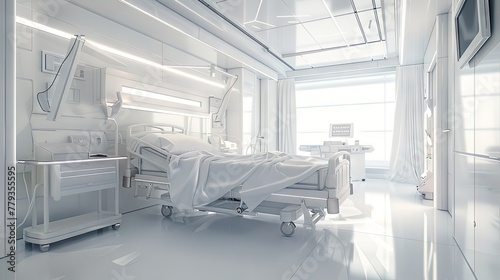 Clean hospital room, white bed, bedside medical equipment, table and window, medical core, provia, in white and silver style, 