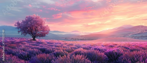 Abstract harmony, lavender field, serene landscape, yoga studio decor photo