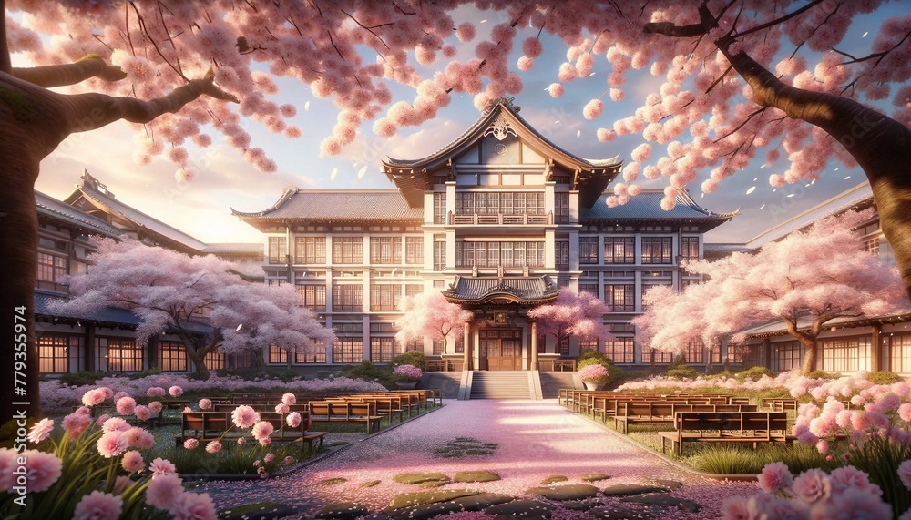 Cherry Blossoms in Bloom at a Realistic School - Suitable for RPG and Gaming, Generative AI