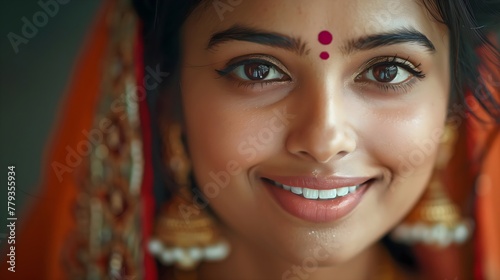 Close-up portrait of a smiling South Asian woman wearing traditional attire with a red Bindi on her forehead, highlighting her cultural beauty.