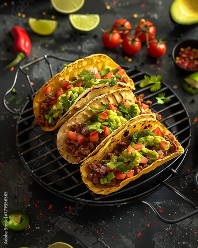 Tacos and guacamole in air fryer basket, soft light, top view, photorealistic, warm tones