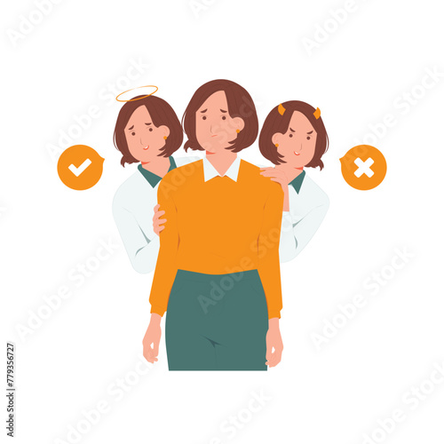 Angels and devils hovered and whispered over the shoulder of the woman, thinking confusedly with question marks, business decision making concept illustration