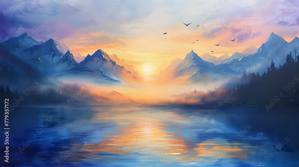 Dawn's Embrace: Tranquil Mountain Reflections./n