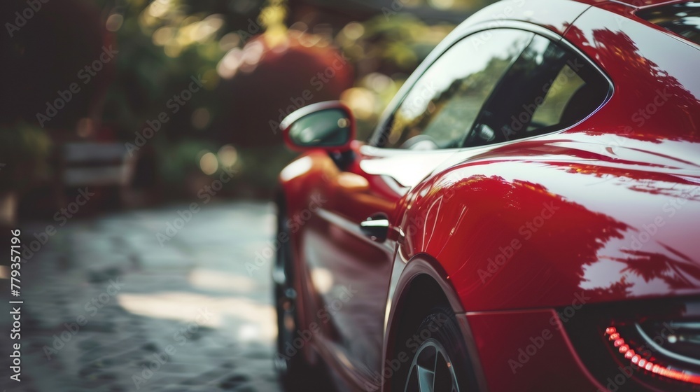 A bright red sports car parked neatly along the side of the road in urban surroundings