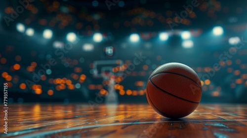 A basketball ball placed on a basketball court, showing the vibrant orange color against the clean lines of the court © tashechka