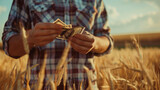 American farmer in rural shirt counts dollars and looks good after a good harvest, text space 