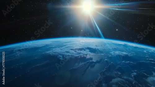 panoramic view of planet earth from space with blue and green atmosphere, sun rising on the horizon