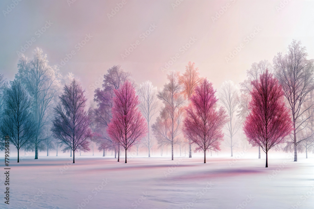 Frost covered trees in a misty winter landscape with pastel colors of blue, white, red and pink. High quality photo