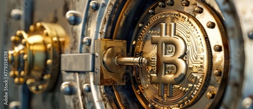 An image of a traditional bank vault door being unlocked by a digital Bitcoin key symbolizing the shift from physical to digital assets
