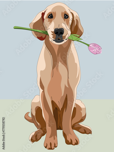 Golden Retriever holding a flower in it's mouth