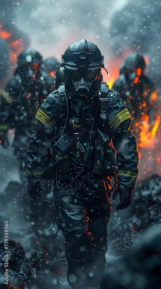 Fototapeta premium Brave Firefighter Responds to Treacherous Emergency Amid Raging Storm and Flames in Hyper Cinematic Scene