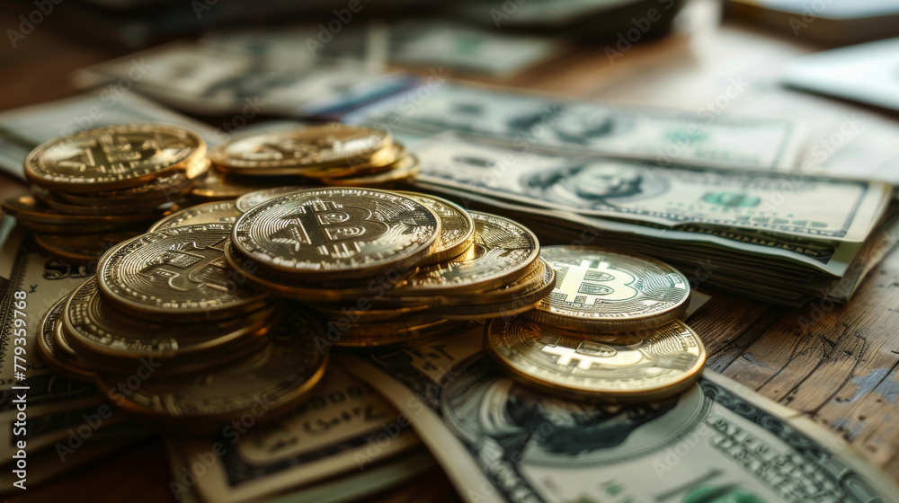 A pile of dollar bills and bitcoin on the table A pile of dollar bills and bitcoin on the table