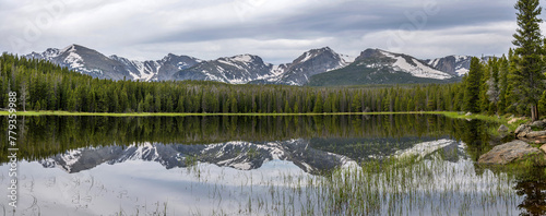 Bierstadt Lake - A panoramic view of rugged high peaks reflecting in calm Bierstadt Lake on a stormy Spring morning. Rocky Mountain National Park, Colorado, USA. © Sean Xu